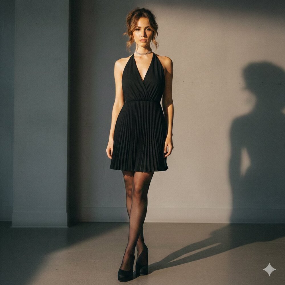 NWT Vintage 90s La Belle Union Made in USA Pleated Mini Black Dress Size L